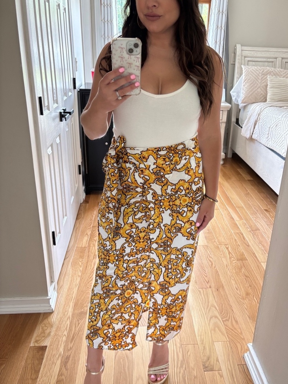 Gold and white wrap style maxi skirt
